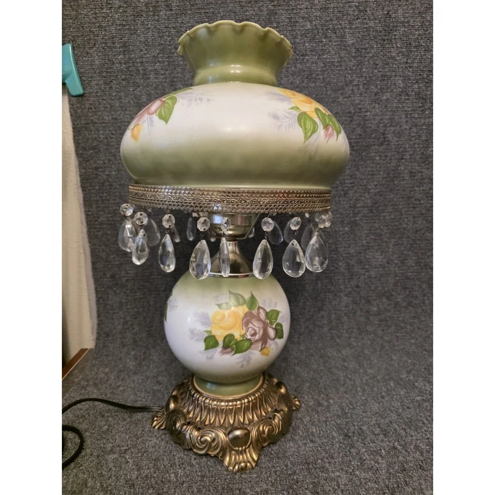 Antique Rose on Green Hurricane Lamp 10
